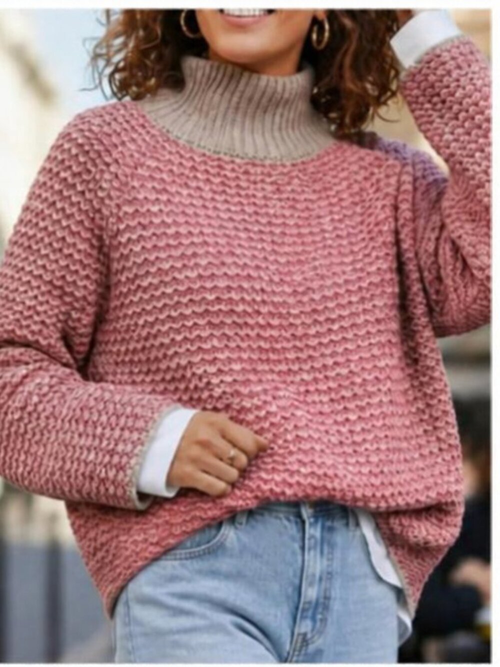 New NWOT Pink Beige Turtleneck Knit Loose Fit Sweater L-XL